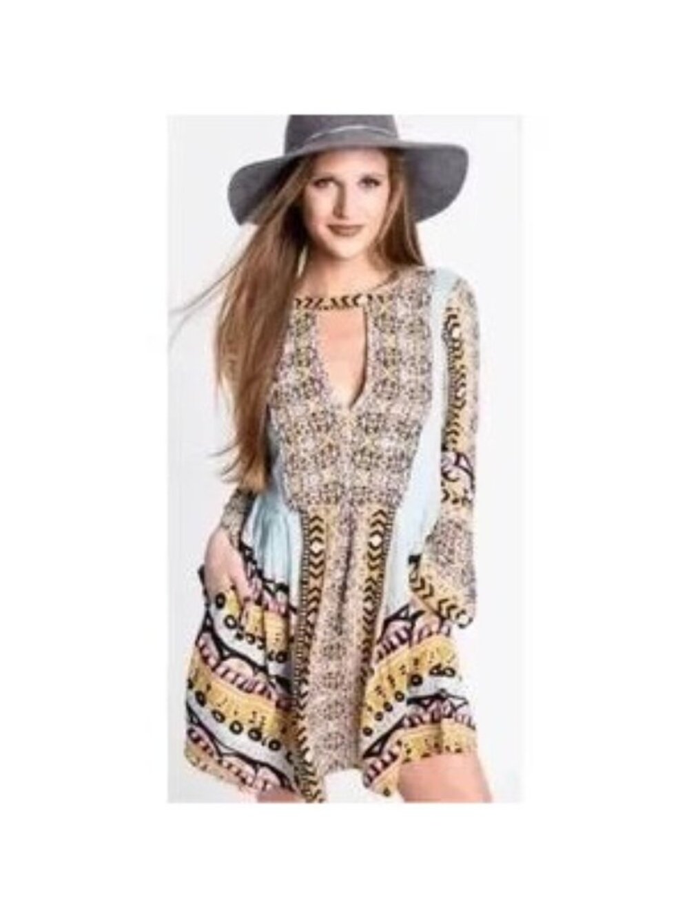 Free People Tegan Blue Borders Keyhole Long Sleeve Mini Dress - Picture 3 of 8